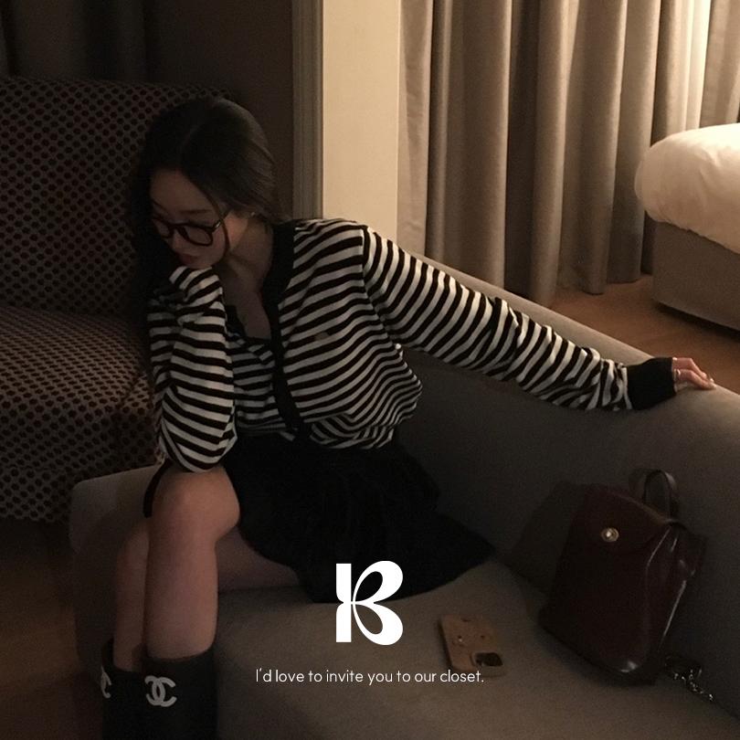 베이델리 [MADE/5color]럭키 라운드 스트라이프 단가라 가디건