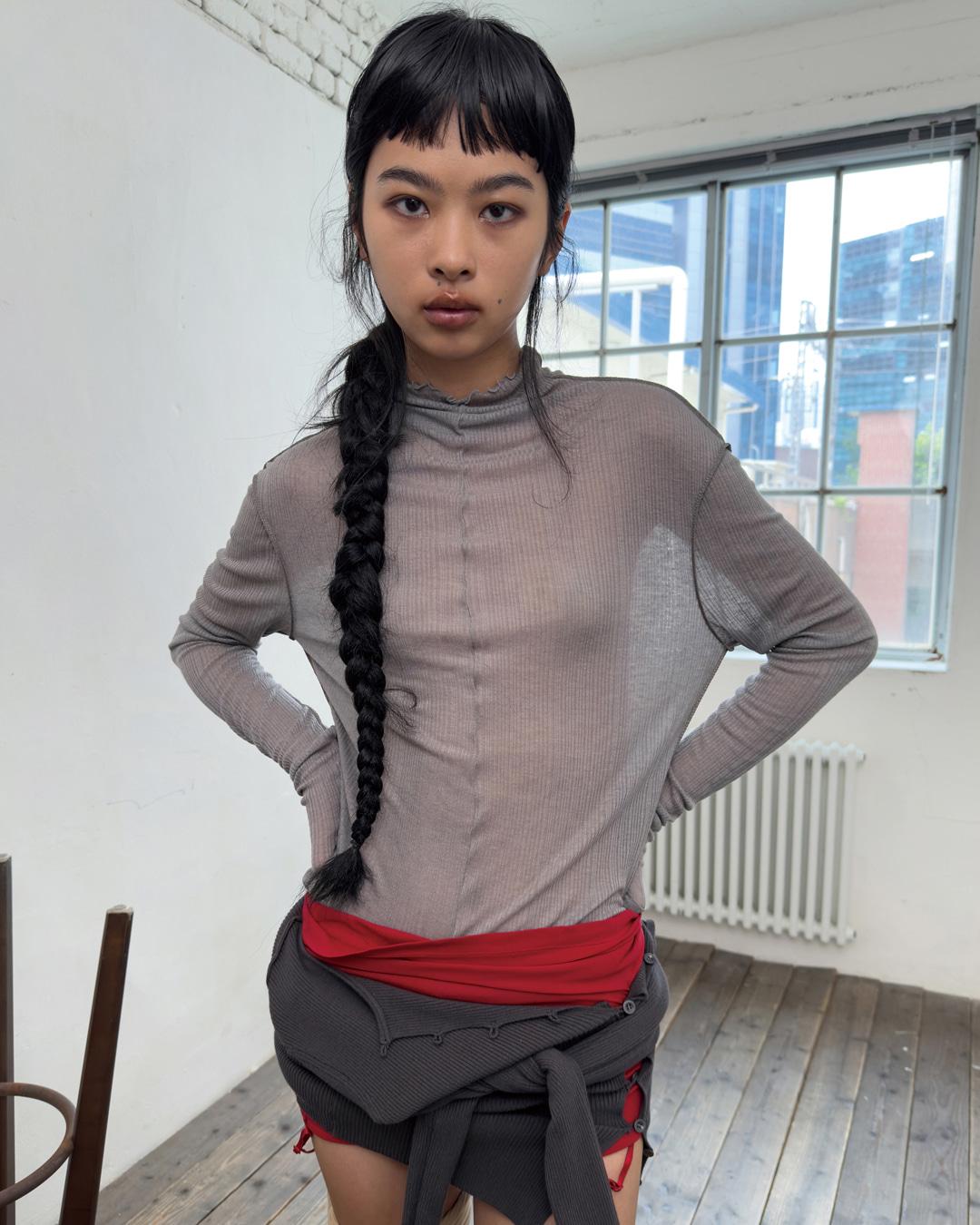LINING SHEER TURTLE NECK T-SHIRT-GRAY