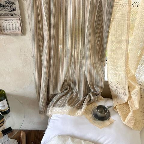 크림드 우드 스트라이프 유럽 빈티지 커튼