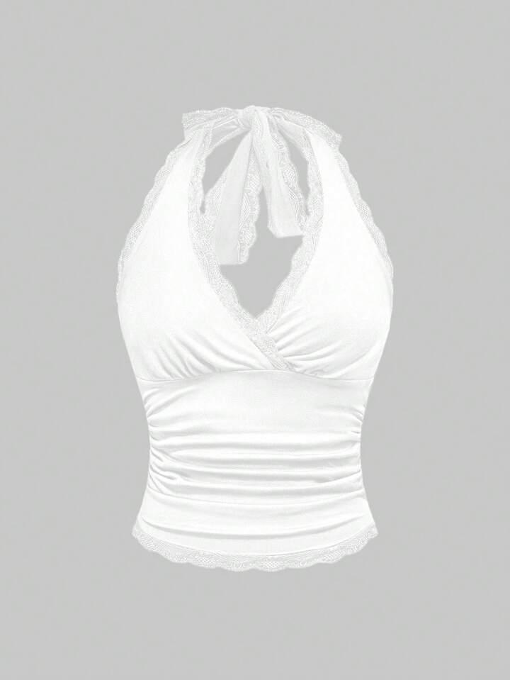 Grunge Punk Y2K Lace Patchwork Pleated Tight Fit Halter Neck Sleeveless Top, Summer