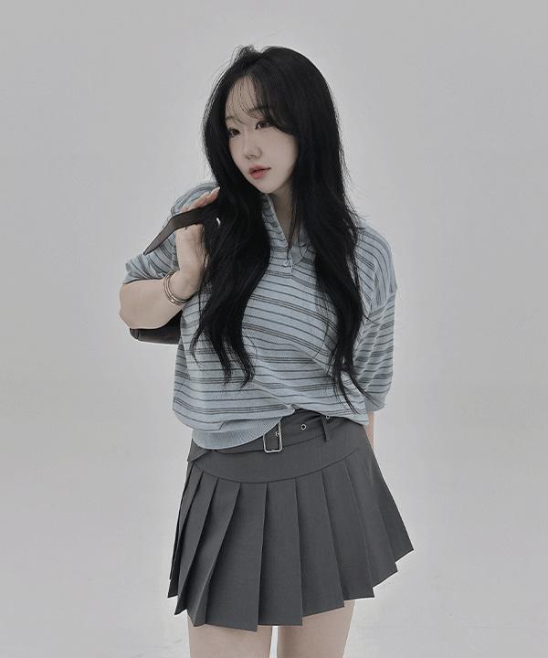 #13698 [울6%] 소프트 스트라이프 카라 버튼 5부 반팔 니트 : 4color