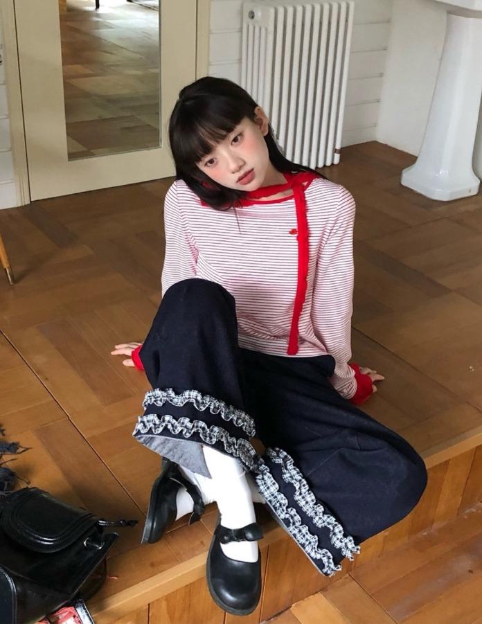 Hey Shan Three Wear 레이스 캐주얼 데님 팬츠 (네이비 블루)
