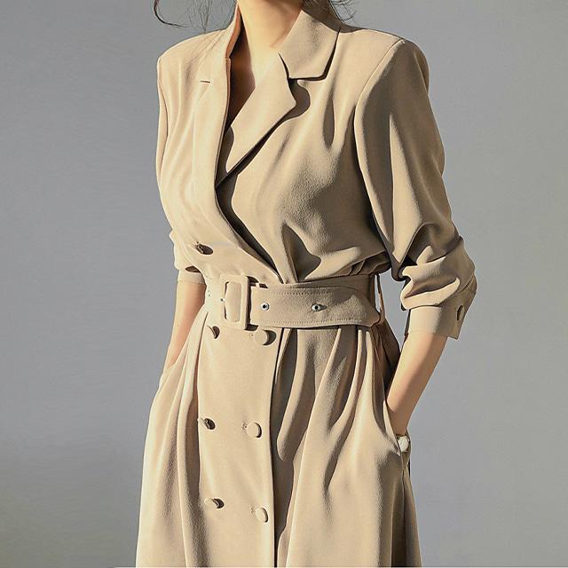 [하객룩/가을]에쉬드 자켓 트렌치 코트 벨트 세트 롱 원피스(베이지/블랙)