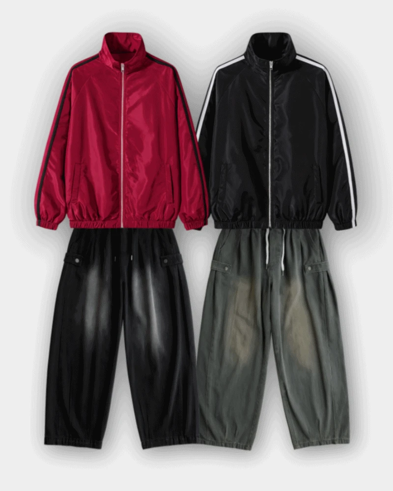 [코디세트] [MD추천] 초경량 하이넥 트랙 윈드자켓 + 사이드 스냅 핀턱 벌룬 데님팬츠