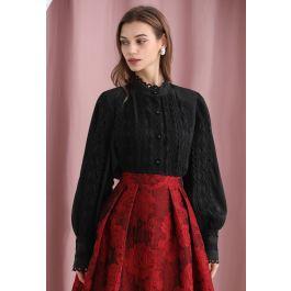 Exquisite Cutwork Bubble Sleeves Button-Up Shirt in Black