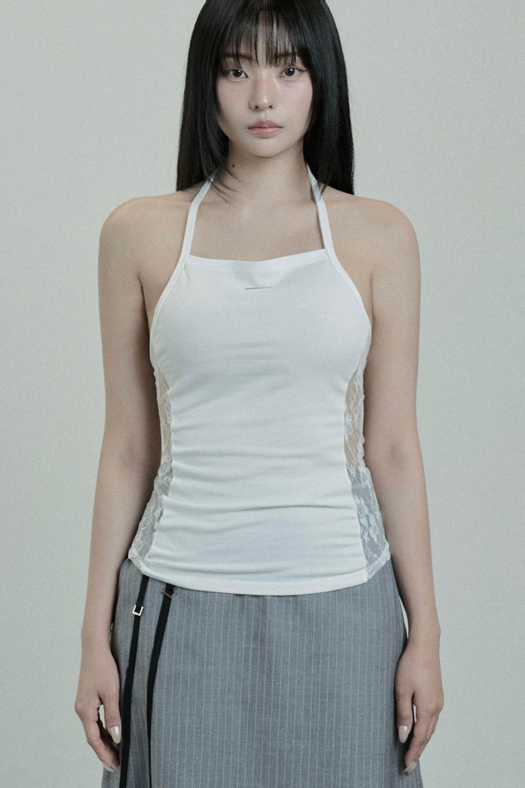 Side Lace Strap Cowl Halter Top (White)