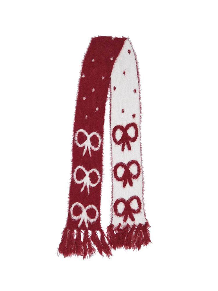 Bow Jacquard Shaggy Fringe Christmas Scarf【s0000010891】