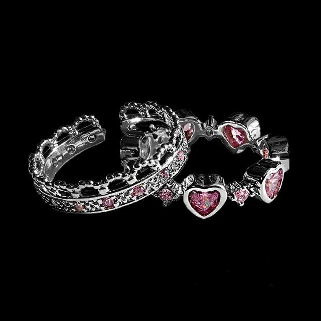 Lovely Pink Tiara X Heart ring set 키치 핑크 러블리 티아라 왕관 y2k 공주 분홍 큐빅 레이어드 데일리 오픈 반지 링