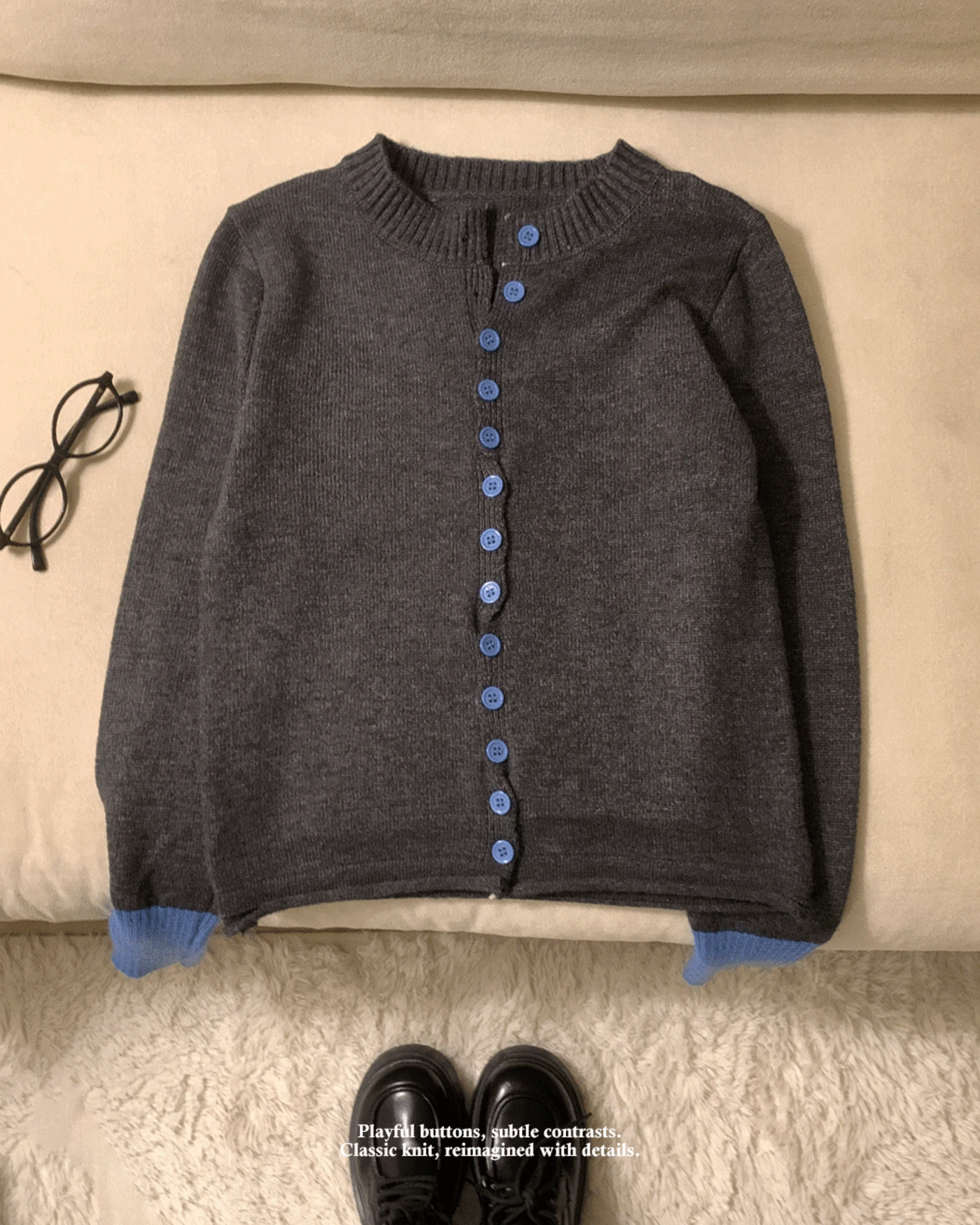 Page 언발 버튼 배색 롱 슬리브 니트 가디건 (3color)