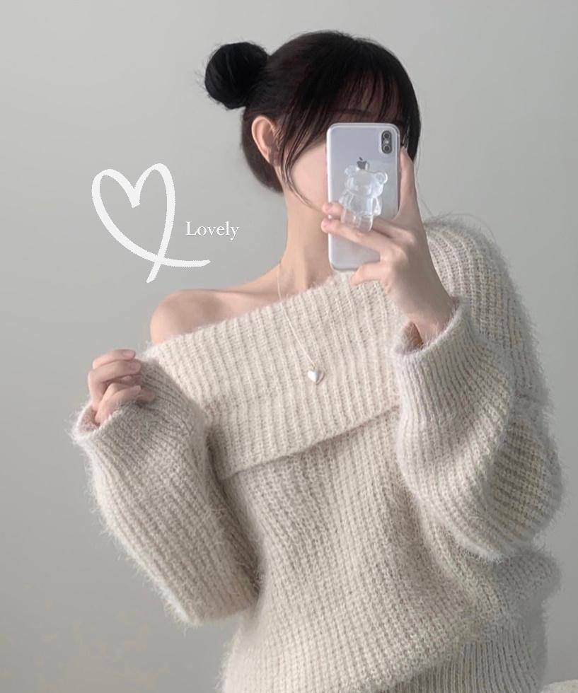 자스민벨 [핵부들ෆ/루즈핏!] 퐁당 솔잎 오프숄더 앙고라 보트넥 오버핏 긴팔 니트