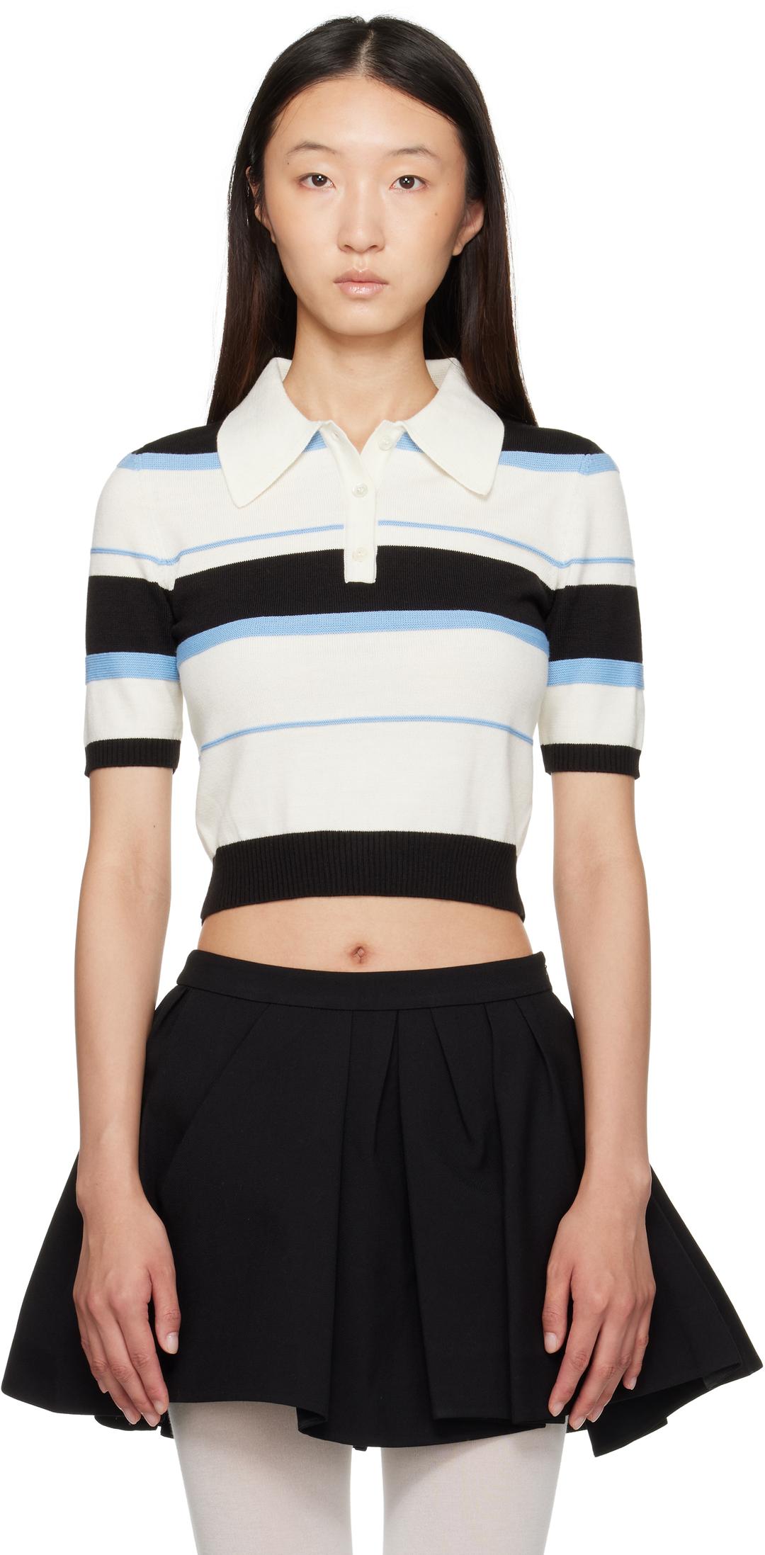 Blue & White Stripe-Knit Polo