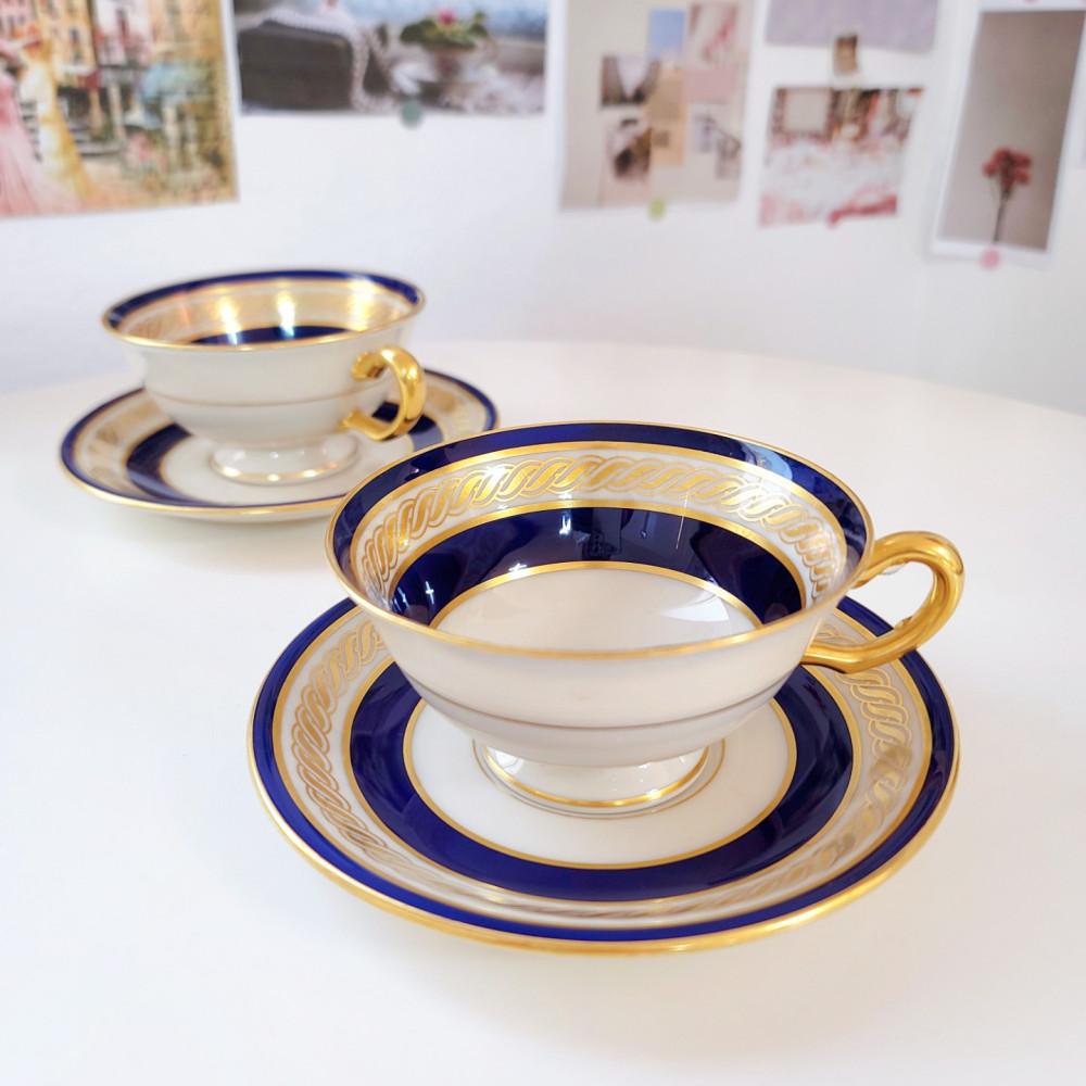 [중고] 레녹스 코발트 블루 & 골드 로프 컵앤소서 LENOX 미국 빈티지 고급 블루 찻잔세트 커피잔 레어템