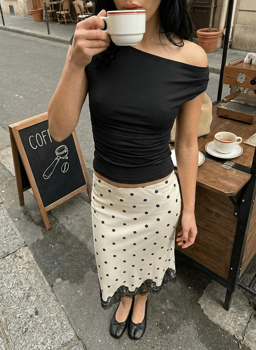 Satin Mid Rise Polka Dot Lace Trim A-line Midi Skirt