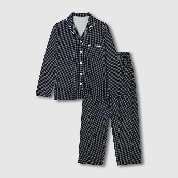 여 피치스킨 체크 10부 파자마 세트_다크 네이비