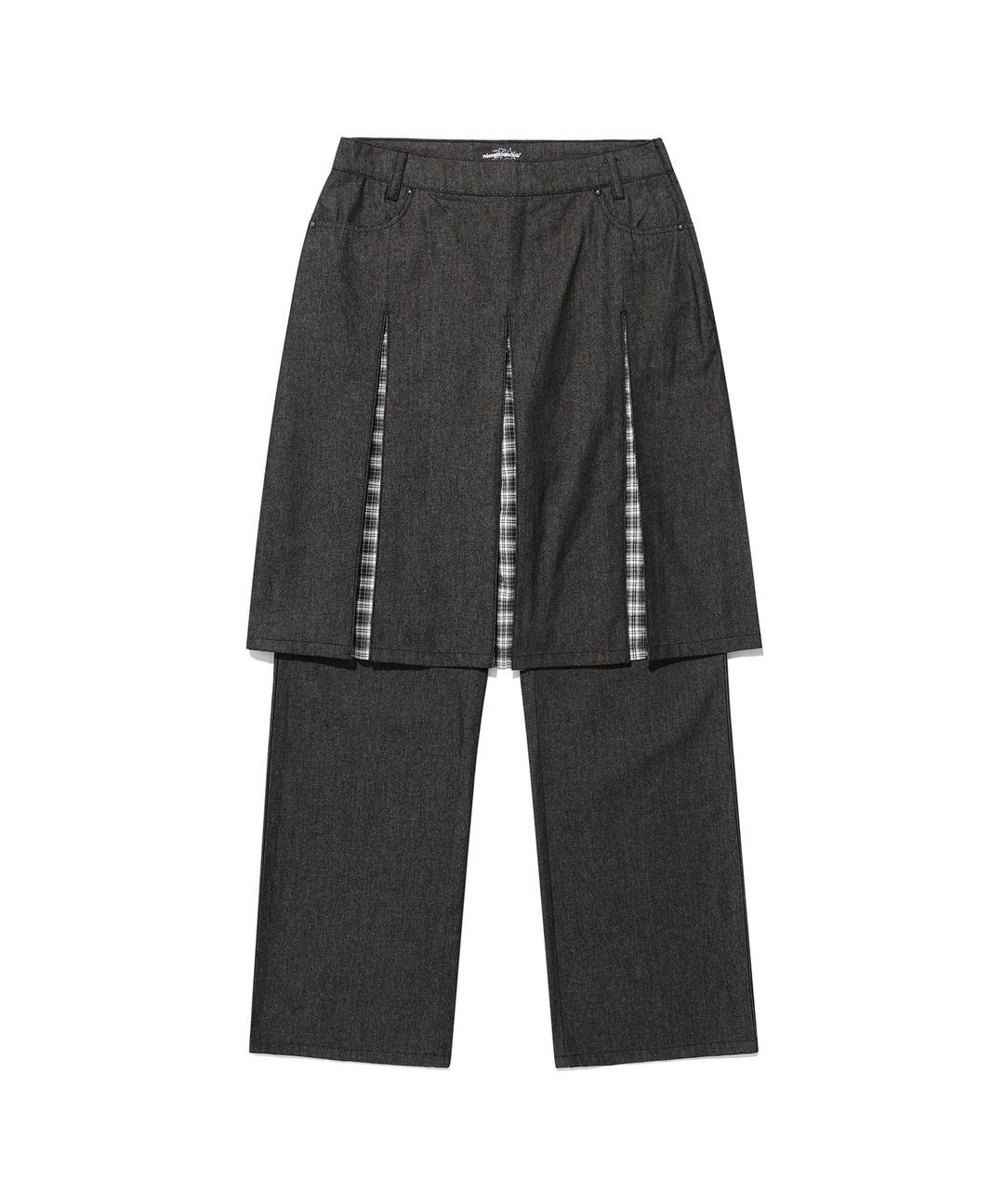 DENIM PLEATS PANEL LAYERED SKIRT PANTS[BLACK]