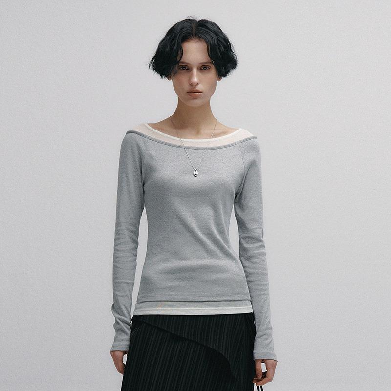 Boat Neck Layered Slim T-shirt (Gray)