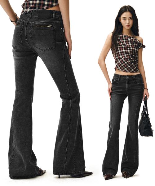 Zip Pocket Slim Low Rise Flared Jeans DCWPT021BLACK