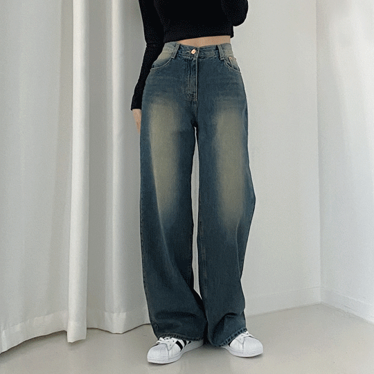 [힙한핏/빈티지감성] 워싱 예쁜, 고퀄 오버핏 딥 브러쉬 진청 롱 와이드 데님 팬츠]어도어팬츠