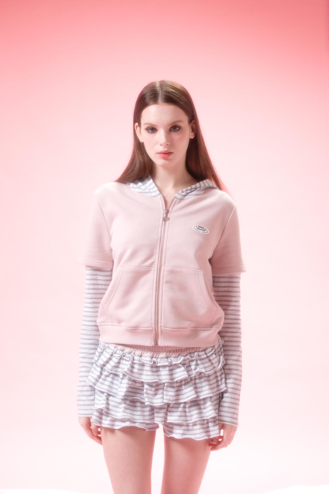 STRIPE HOOD ZIPUP (PINK)