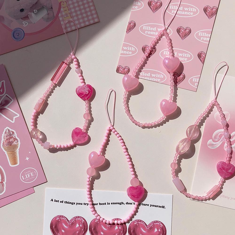 슈가팝 핑크 하트 비즈 스트랩 핸드폰줄 키링 우정 선물