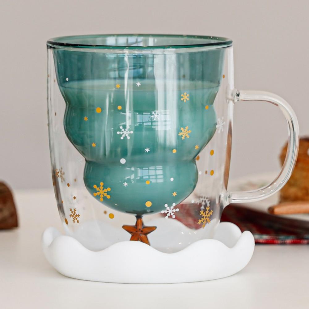 착한살림 크리스마스 이중 유리컵 고무받침대 포함