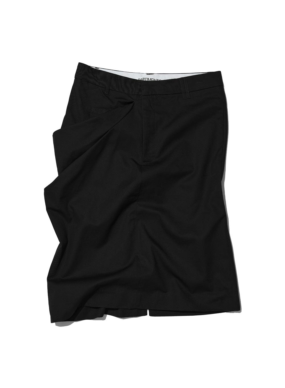 [WOMEN] ASYMMETRIC DRAPE PANEL MIDI SKIRT_BLACK