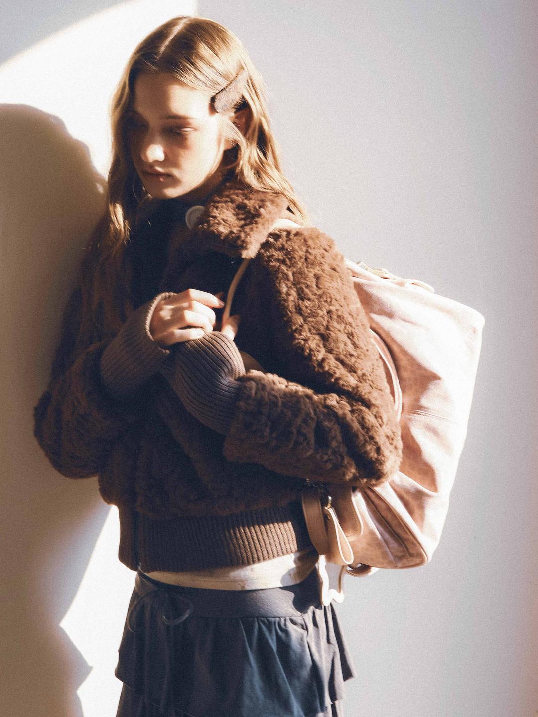 Belted Highneck Warmer Faux Fur Jacket Brown