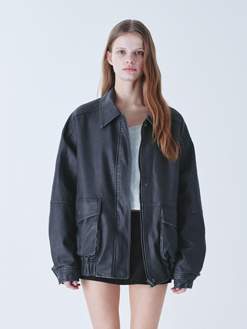 빈티지 레더 블루종 자켓_차콜