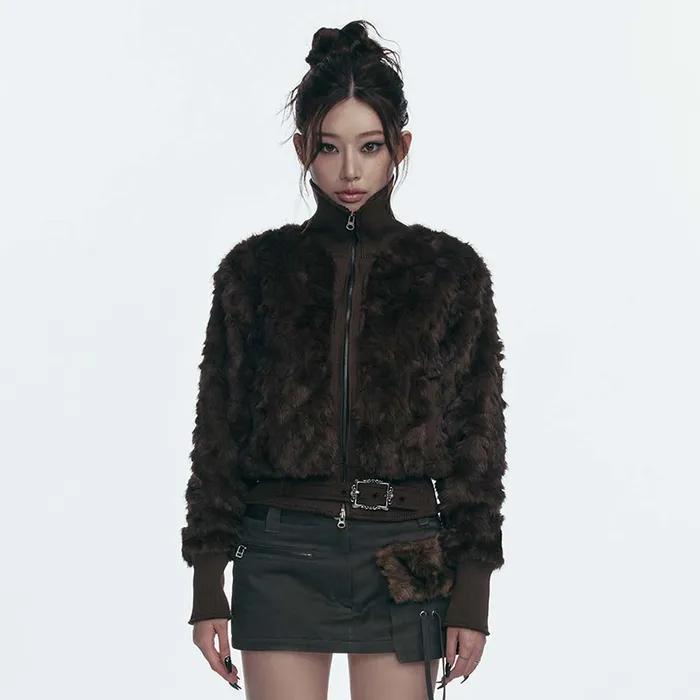 FAUX FUR BELT ZIP JACKET_BROWN