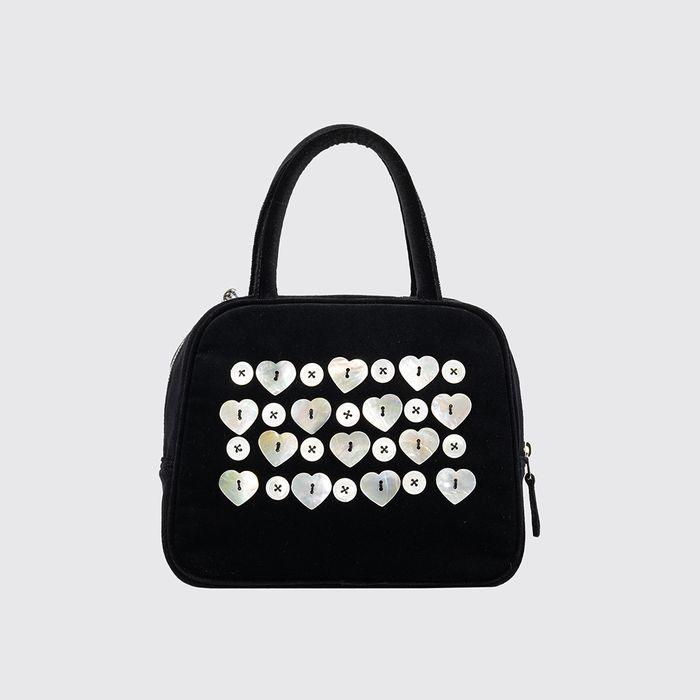 MOTHER-OF-PEARL BUTTON COTTON VELVET HAND BAG - BLACK