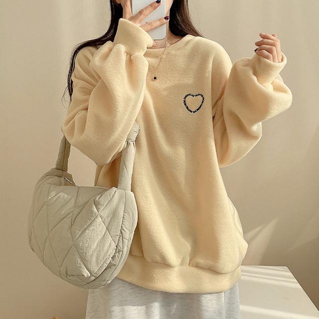 [당일발송/국내제작] 하트자수 후리스 오버핏 롱 맨투맨 N-1246