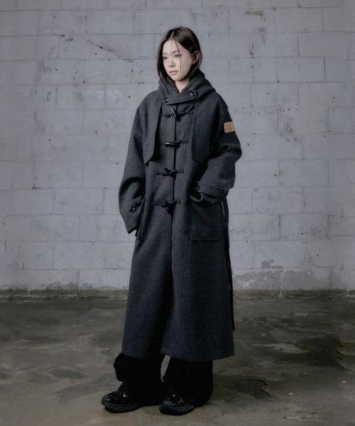 [핀뱃지 증정] 하비츠 플랩 후드 더플 롱 코트 남녀공용 (2컬러)