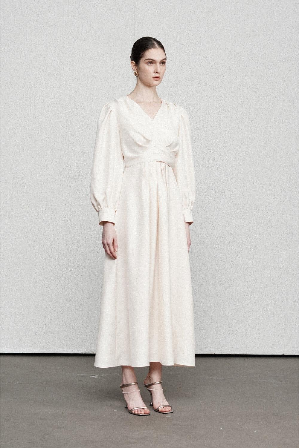 Elizabeth Blouson Bishop Sleeved Modal Midi Dress - S / Cream