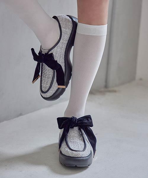 【SALE】ベロアリボンボリュームソールシューズ