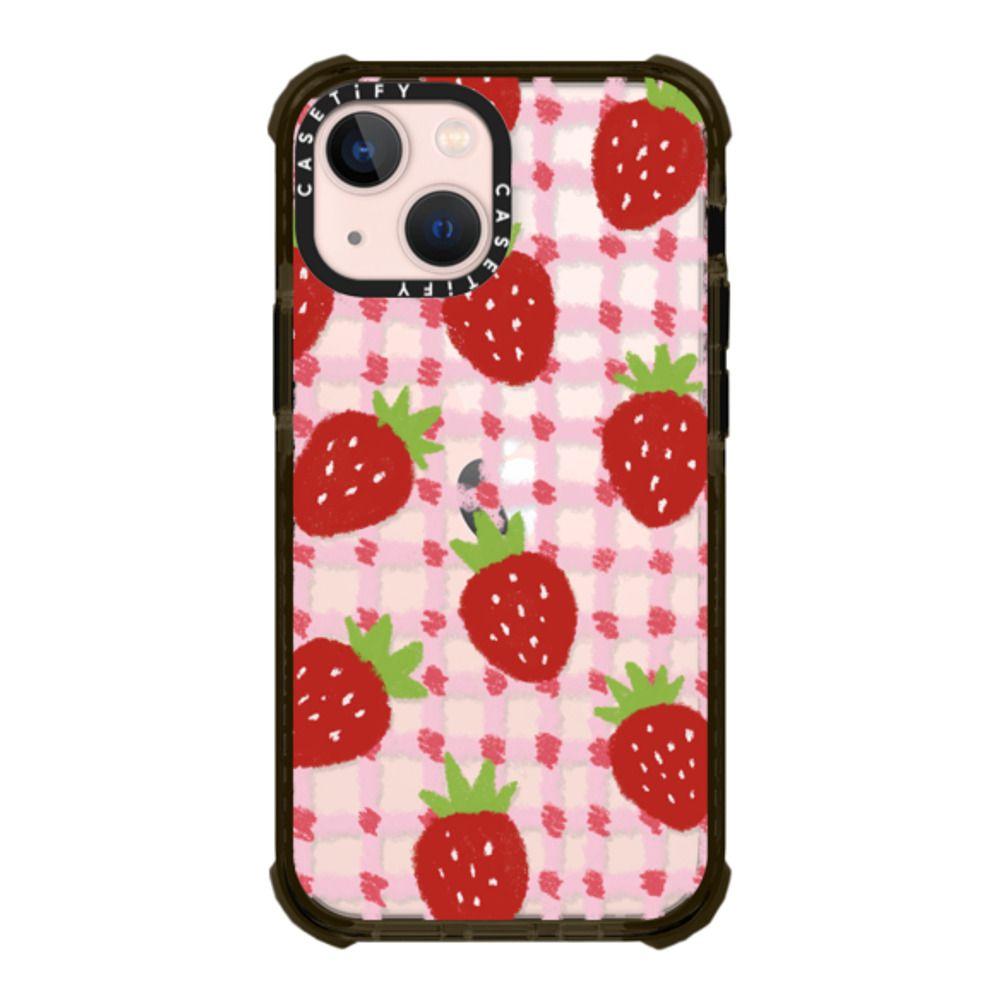 sweet red strawberries with pink check pattern - crayon texture