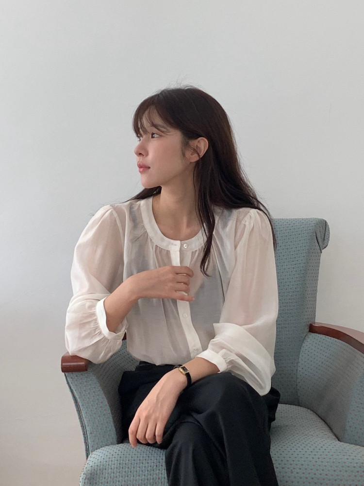 베르가못 실키 블라우스 라운드넥 셔링 시스루(2col)
