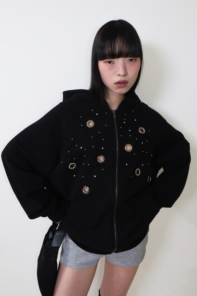 Stud Circle-ring Hoodie-Black