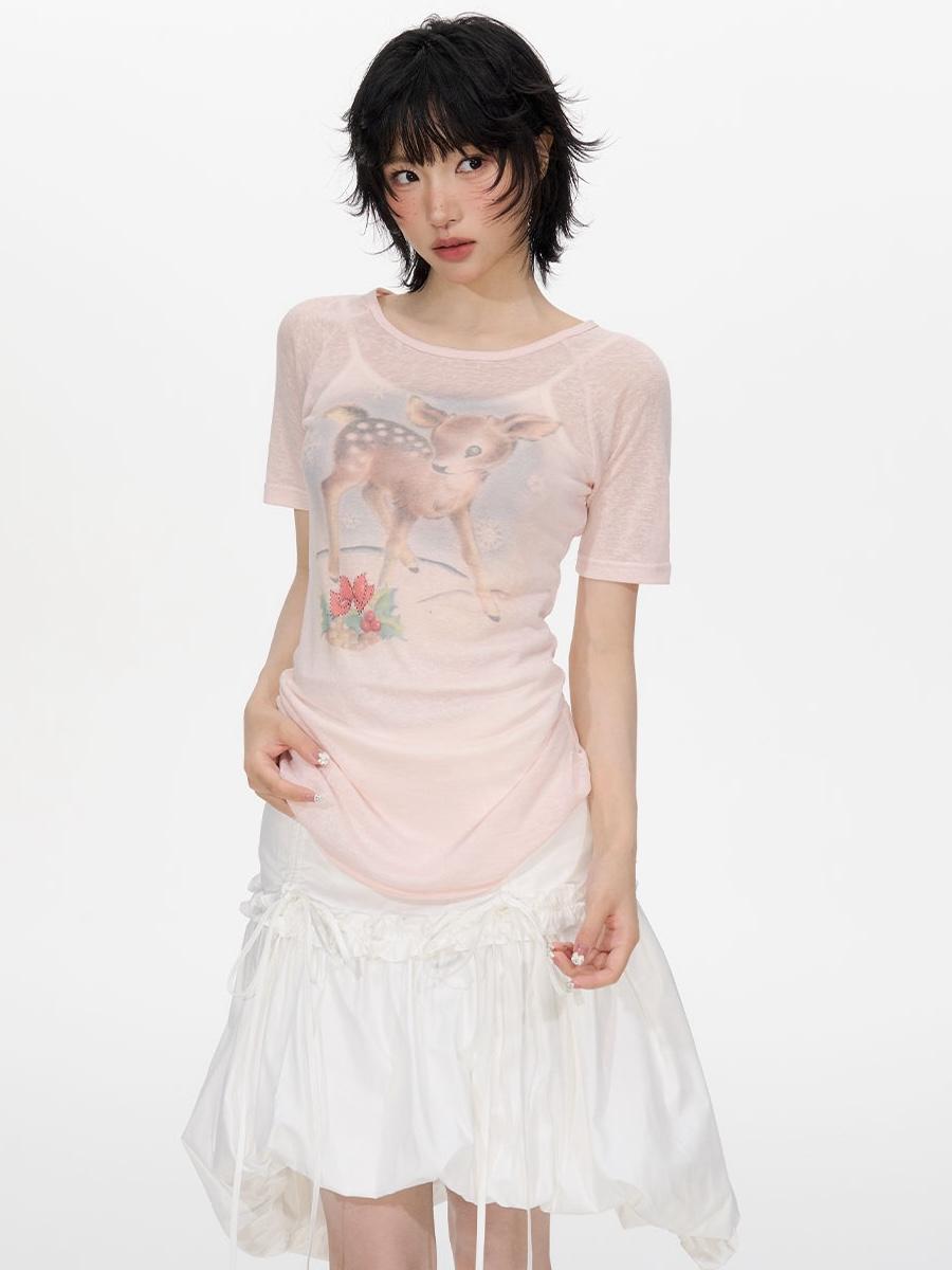 NECY STUDIO Deer Print Round T-shirt (2color)