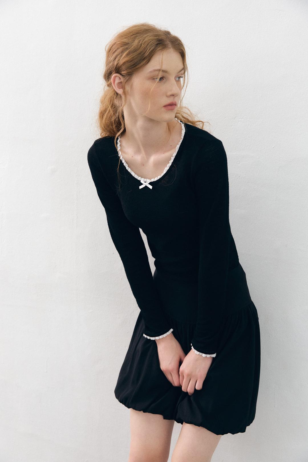 Wool jacquard ribbon lace t-shirt_black