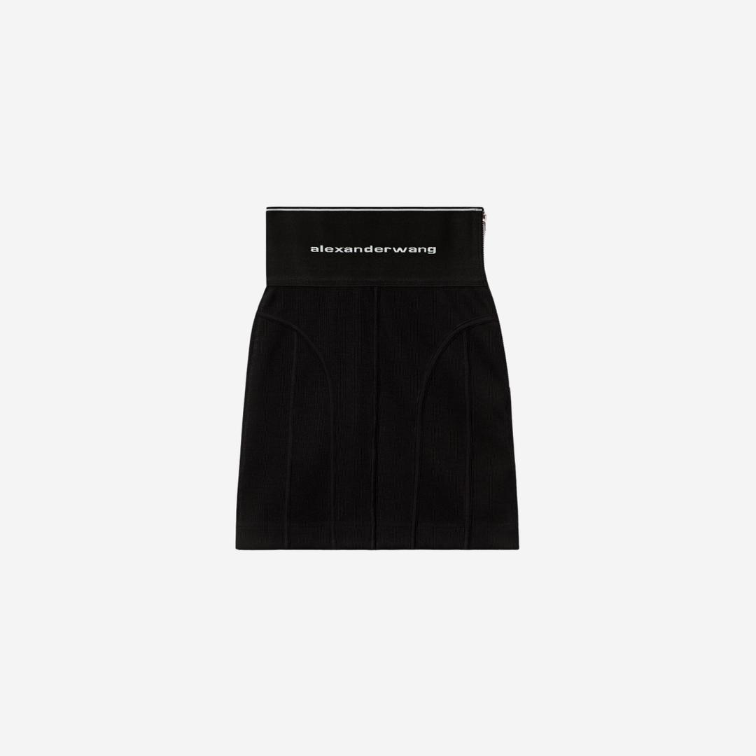 (W) Alexander Wang Logo Elastic Mini Skirt in Ribbed Jersey Black