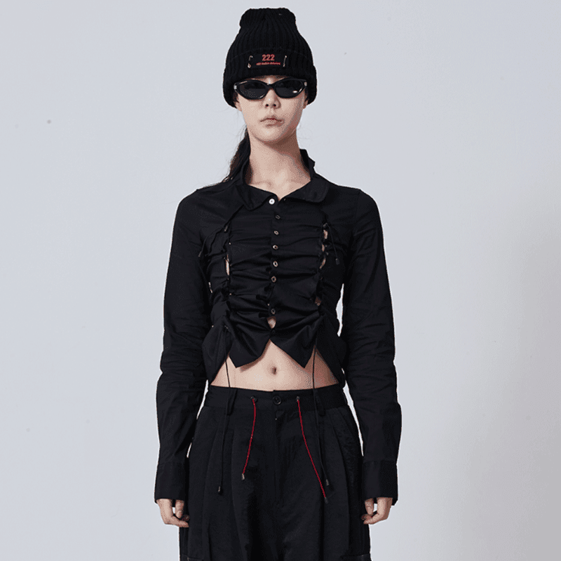 [222] Ruff cutting string shape China collar shirt -Black