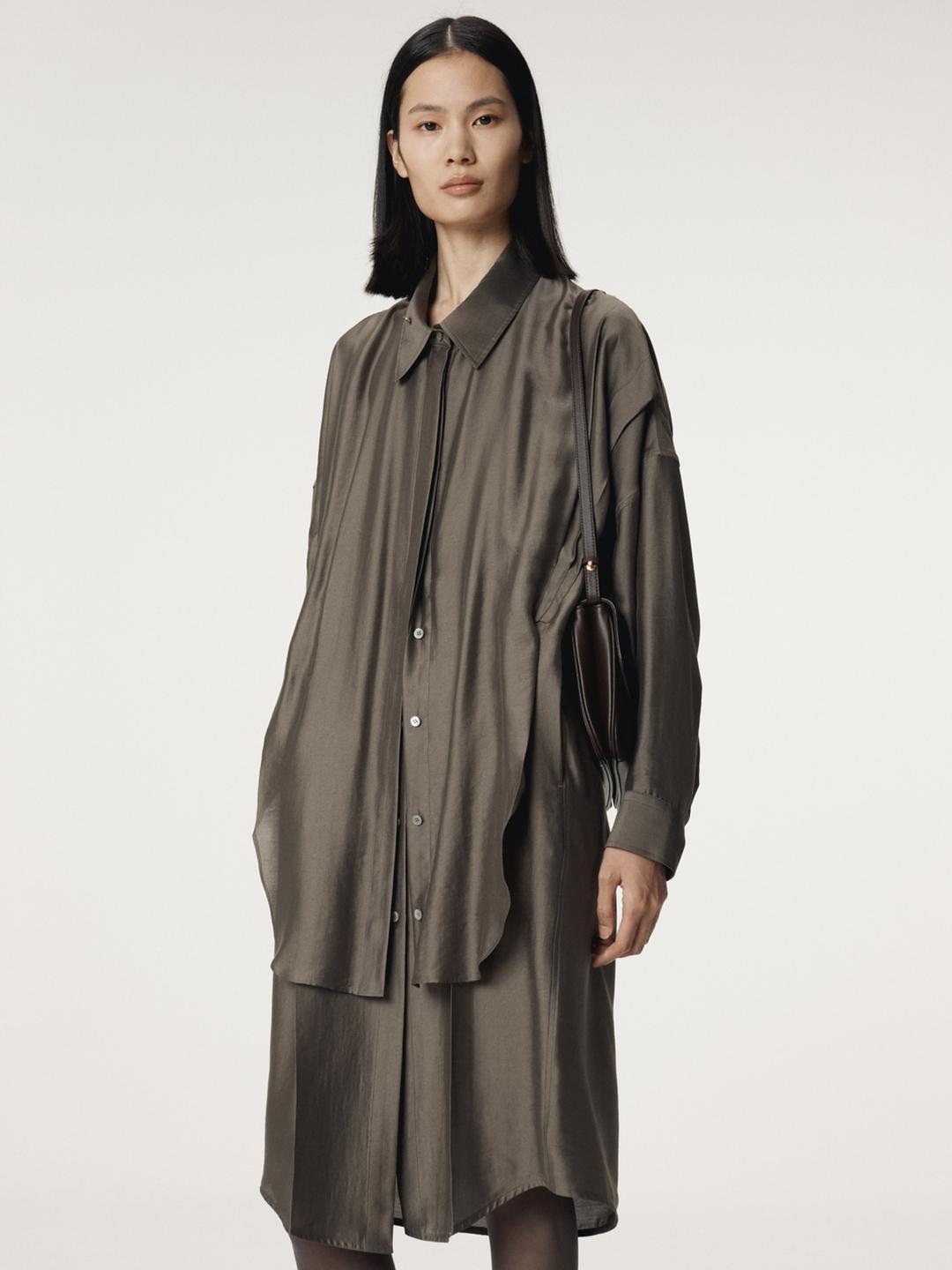 DOUBLE LAYER POINT SHIRT DRESS (KHAKI BROWN)