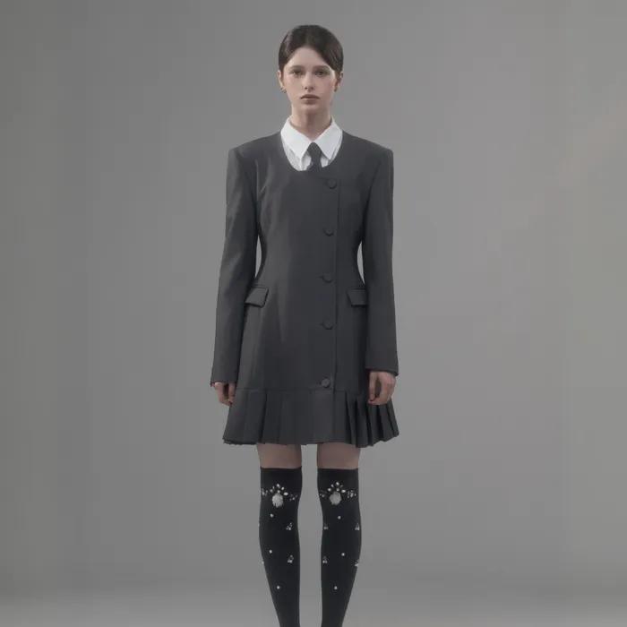 Jenn Round Neck Pleated Suit Jacket Dress - Grey