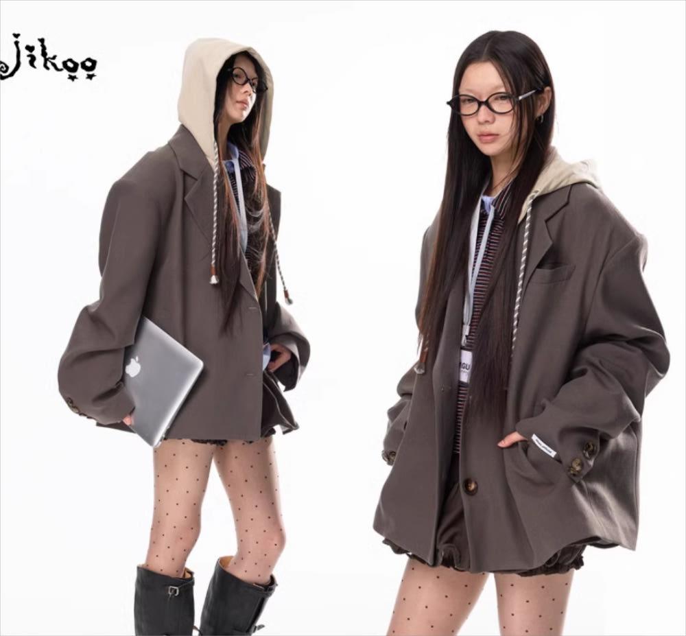 JIKOO 라지 비즈 포인트 탈부착형 후드 블레이저