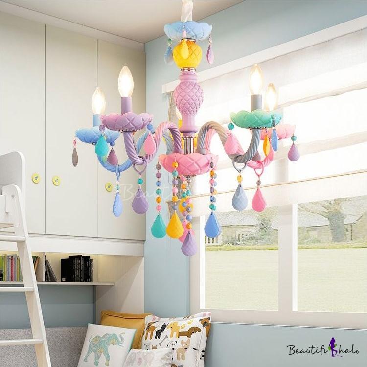 Kid Chandelier Modern Ceiling Chandelier Candle Style Foyer Chandelier with Pink Crystal Heart