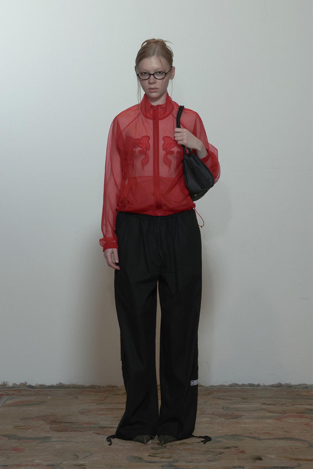 Mesh Sheer Zip-Up Jacket Red
