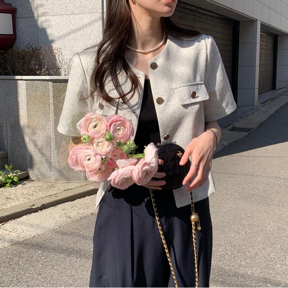 (자체제작)젤리 봄 여름 루즈핏 반팔 골드버튼 포켓 라운드넥 린넨 숏 트위드 자켓(그레이,옐로우)