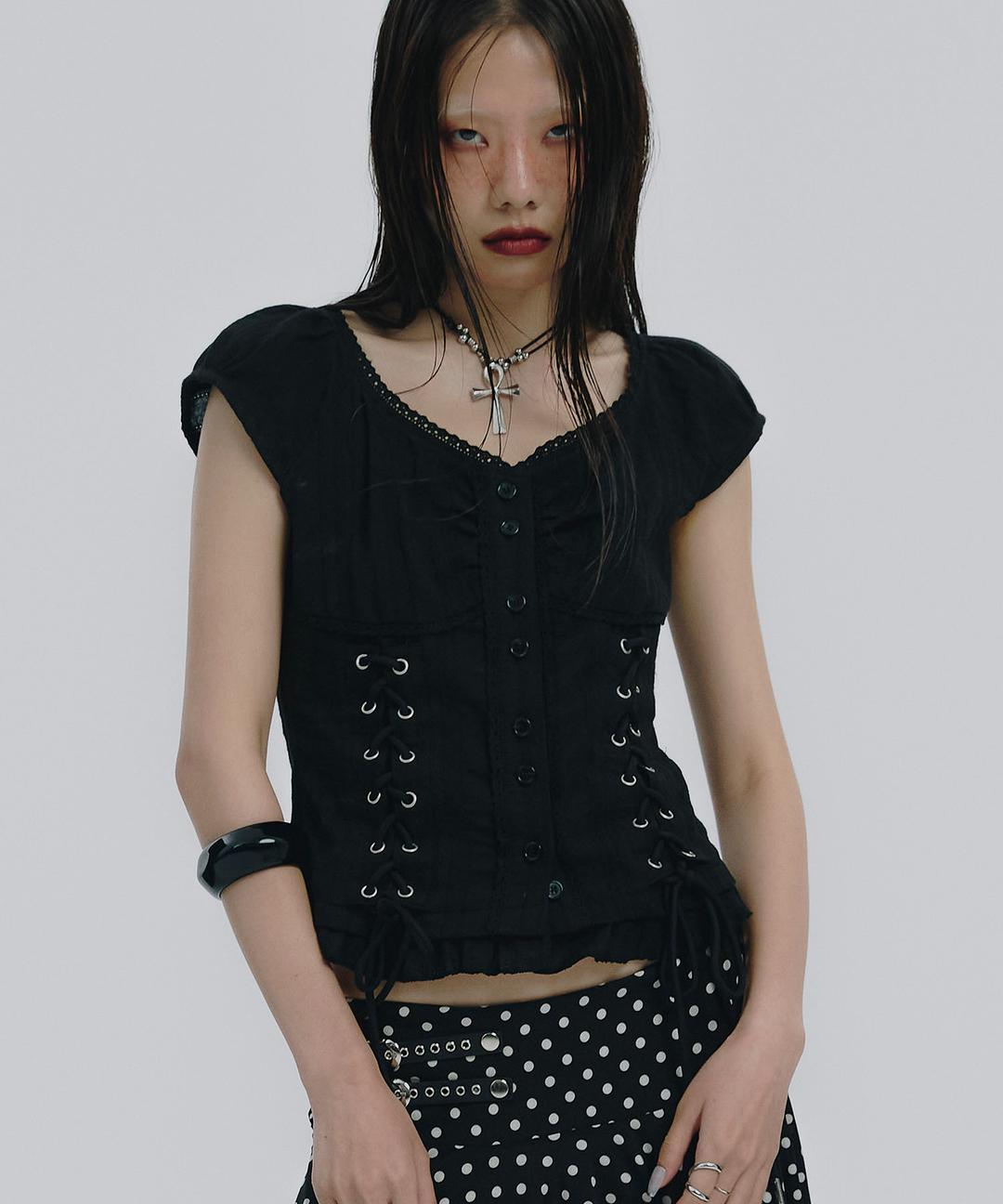 Eyelet Lace Up Blouse (BLACK)