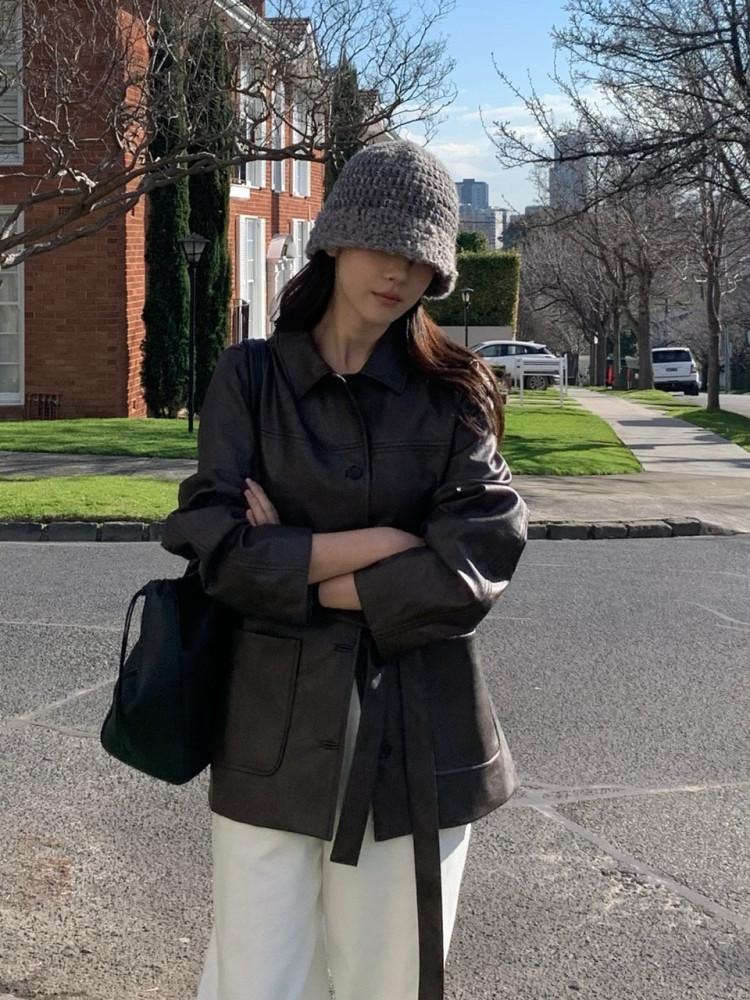 (3주소요) 베르가못 레더 워크 자켓 카라 벨트 하프 가죽 jk (2 color)