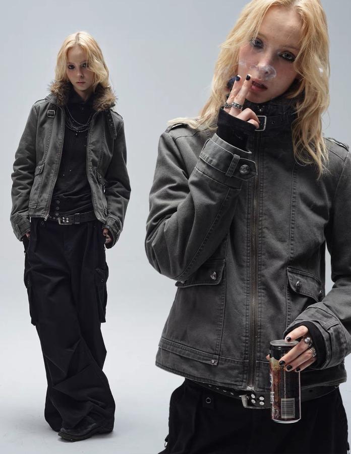 WearAndtear 탈부착 스탠드 퍼카라 샌드워시 자켓 (다크 그레이)